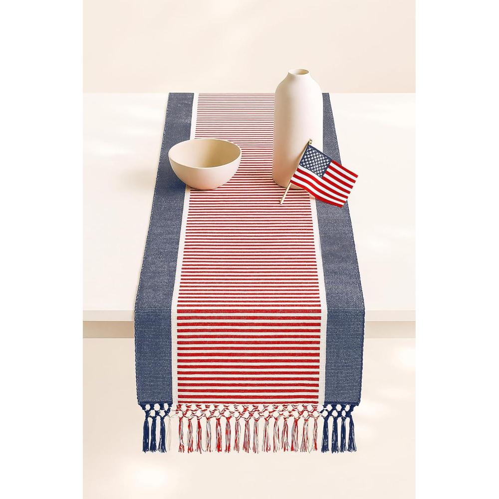 imagePurpleEssences Rust Table Runner  Wide with Dobby Stripe Heavy Ribbed Weave ampamp Double Knot Fringes 14x90 Inch 14x955 with Fringes Boho Farmhouse Decor  Fall Thanksgiving  Rust and HWhiteRed Blue White