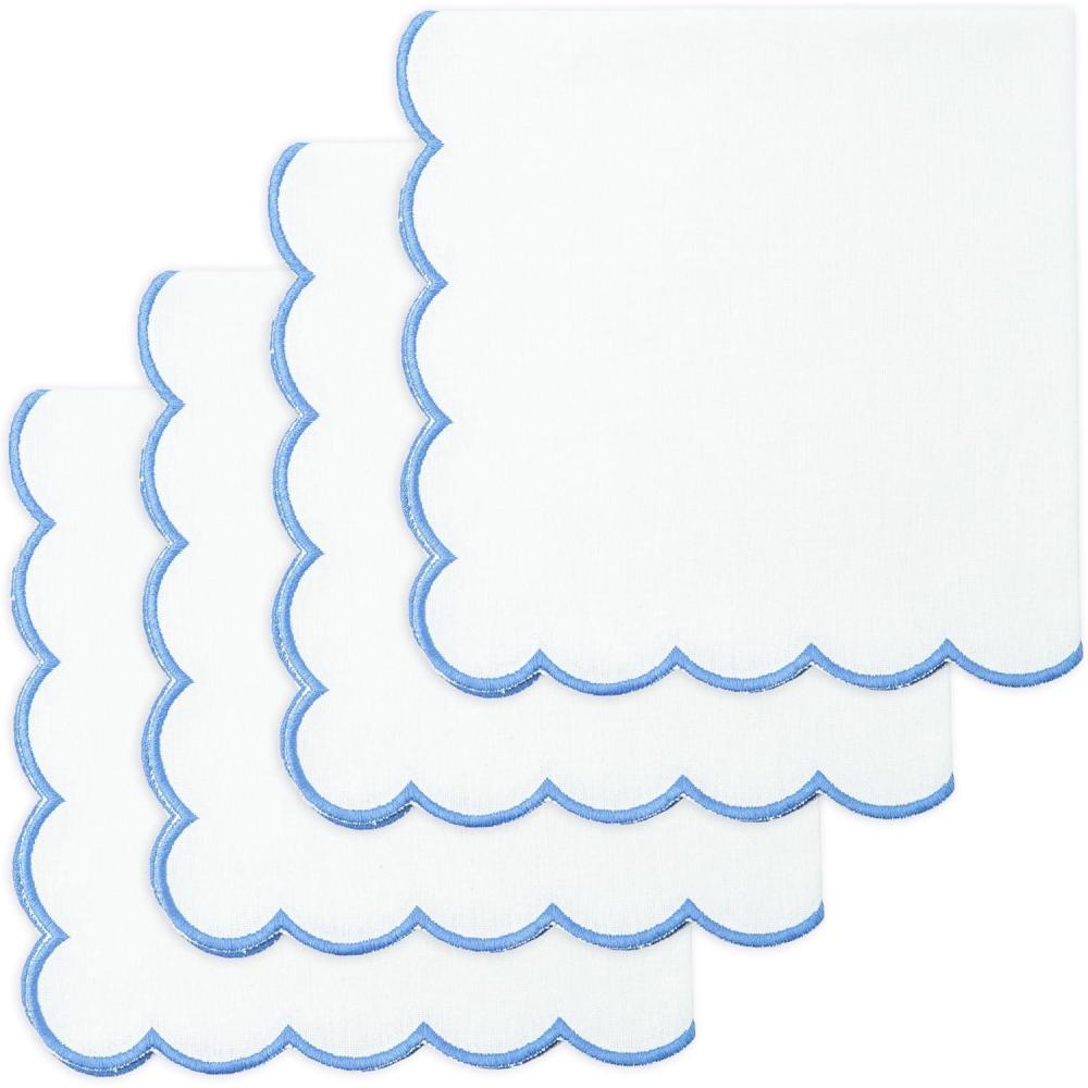 imagePurpleEssences Scalloped Embroidery Cloth Napkins Table Decor Fall Thanksgiving 100 Cotton Set of 418 x 18 inch  Aurelia Edges  RustWhiteedges Light Blue
