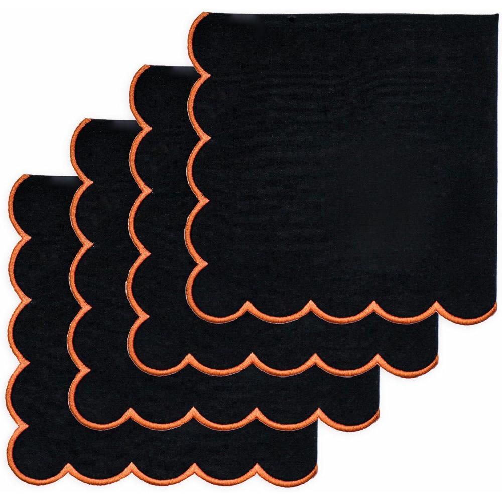 imagePurpleEssences Scalloped Embroidery Cloth Napkins Table Decor Fall Thanksgiving Halloween 100 Cotton Set of 418 x 18 inch  Black  Edges  OrangeBlackedges Orange