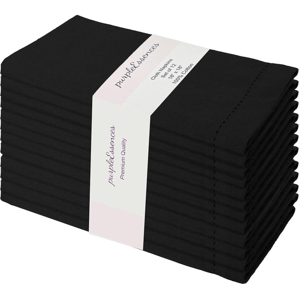 imagePurpleEssences Set of 12 Hemstitch Cloth Dinner Napkins 100 Cotton  Soft Durable Washable  Ideal for Wedding Fall Thanksgiving Halloween  Perfect Everyday Use Table Linen 18x18  BlackBlack