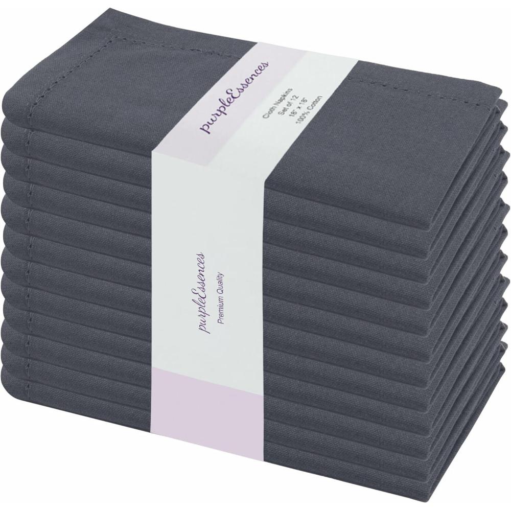 imagePurpleEssences Set of 12 Hemstitch Cloth Dinner Napkins 100 Cotton  Soft Durable Washable  Ideal for Wedding Fall Thanksgiving Halloween  Perfect Everyday Use Table Linen 18x18  BlackDark Gray