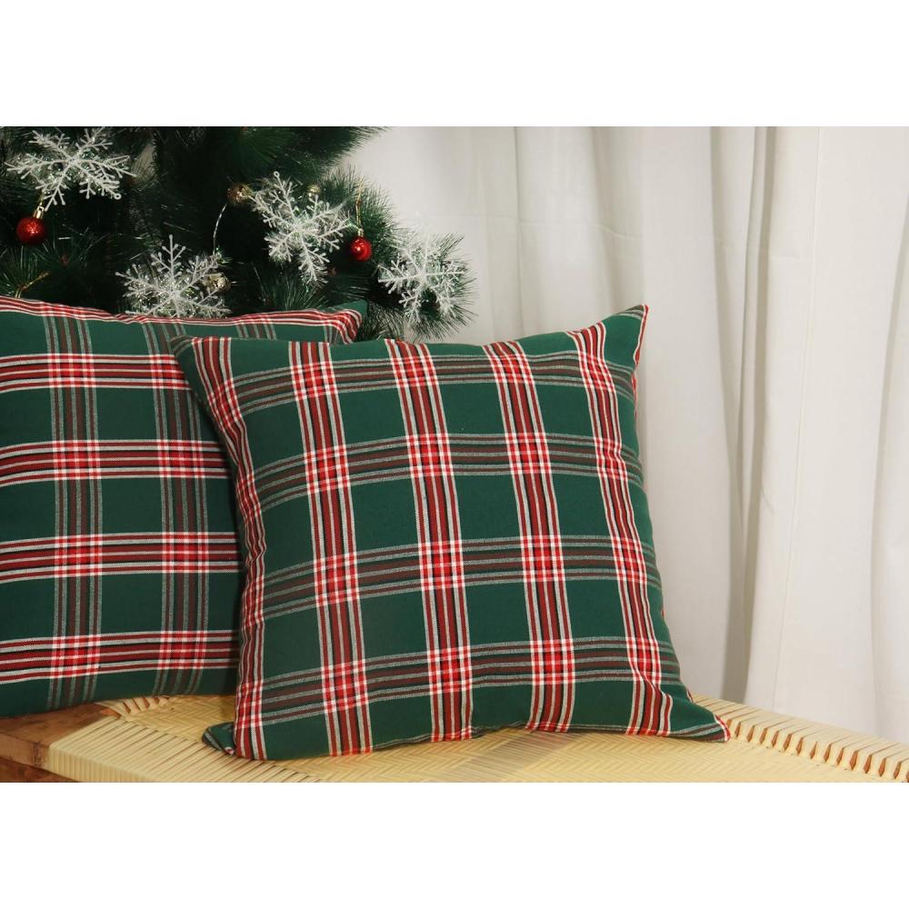 imagePurpleEssences Set of 2 Buffalo Plaid Check Throw Pillow Covers Farmhouse Pillow Cushion Case 100 Cotton for Fall Thanksgiving Decor Car Bed Sofa  12 x 20 Inch  Red and BlackGreen  Tartan Plaid
