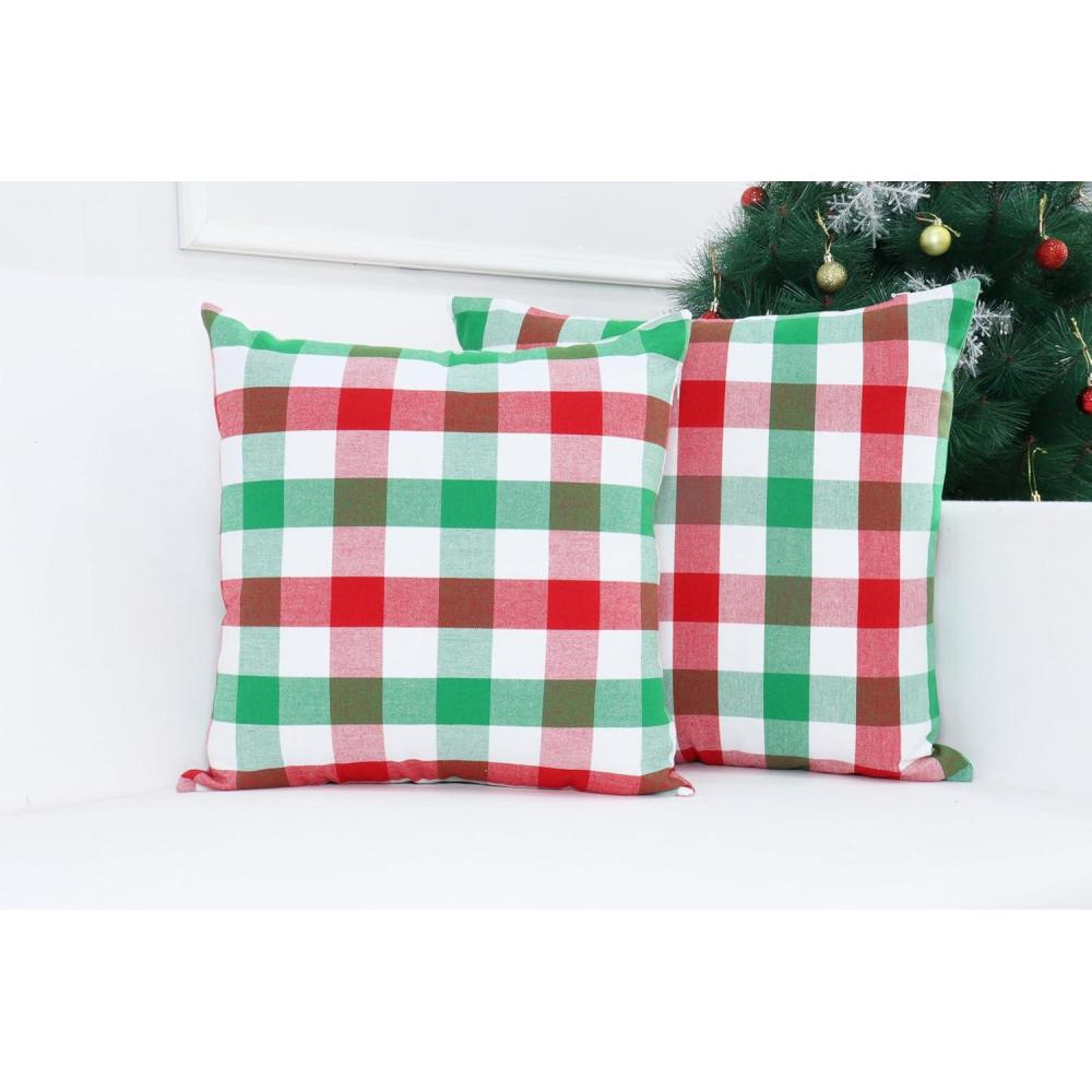 imagePurpleEssences Set of 2 Tartan Plaid Check Throw Pillow Covers Farmhouse Pillow Cushion Case 100 Cotton for Christmas Decor Car Bed Sofa 16 x 16 Inch  GreenRed Green and White  Buffalo Plaid