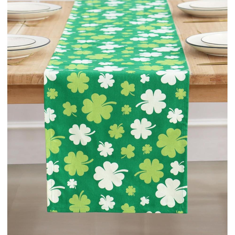 imagePurpleEssences St Patricks Day Shamrock Decorations Table Runner Green Clover Dining Table Decoration for Indoor Home Party  13 X 72 Inch  Shamrock 4 Leaf CloverMulti Green Shamrock