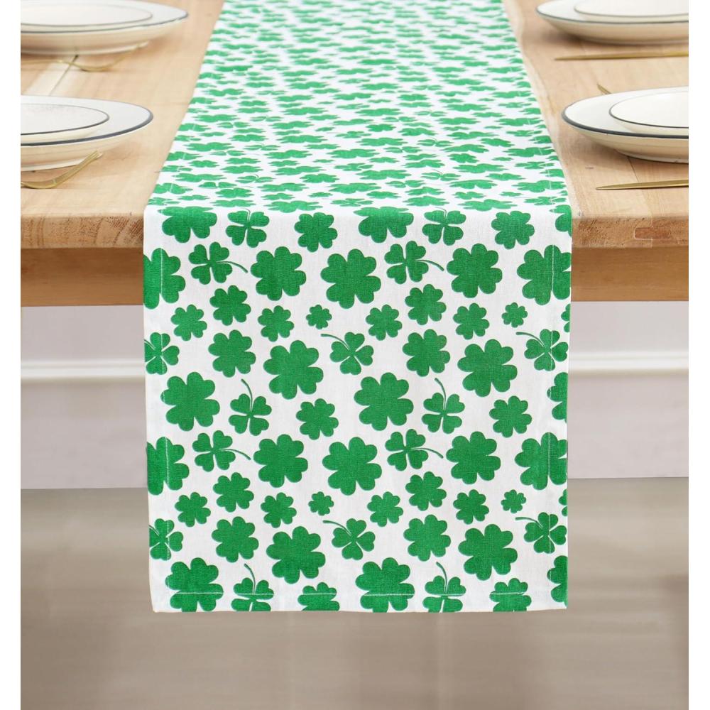imagePurpleEssences St Patricks Day Shamrock Decorations Table Runner Green Clover Dining Table Decoration for Indoor Home Party  13 X 72 Inch  Shamrock 4 Leaf CloverShamrock 4 Leaf Clover