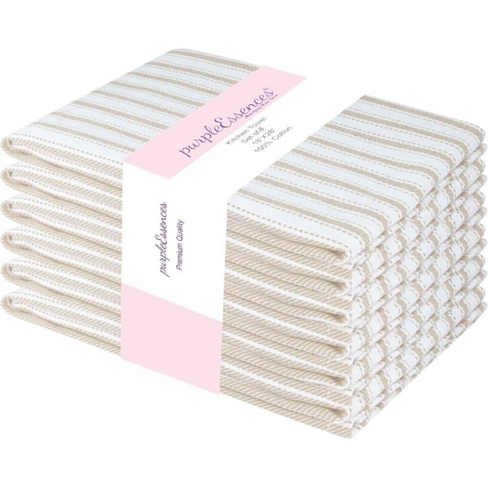 imagePurpleEssences Stripe Kitchen Towels  Set of 6 18x28 Inch  100 Cotton Absorbent ampamp Reusable Dish Towels with Hanging Loop FrenchInspired Style Fall Thanksgiving  RustBeige