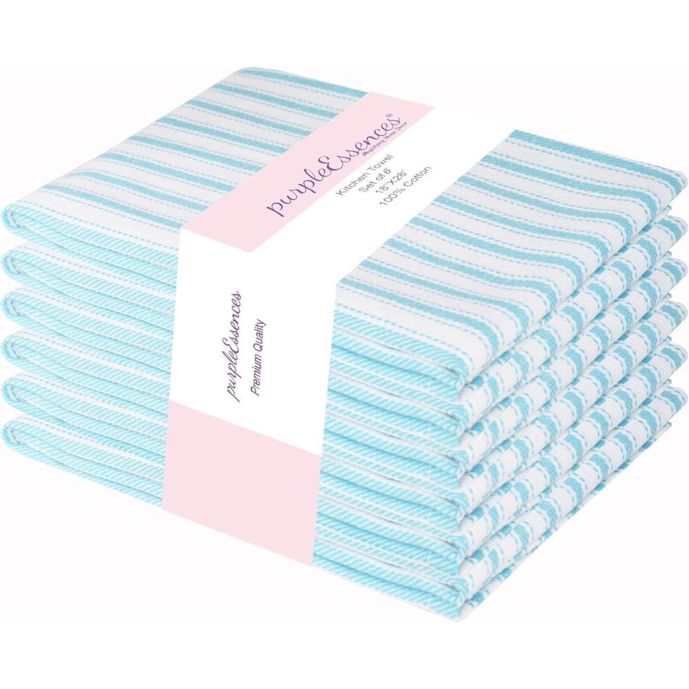 imagePurpleEssences Stripe Kitchen Towels Set of 6 18x28 Inch 100 Cotton Absorbent ampamp Reusable Dish Towels with Hanging Loop FrenchInspired Style Fall Thanksgiving RustBlue