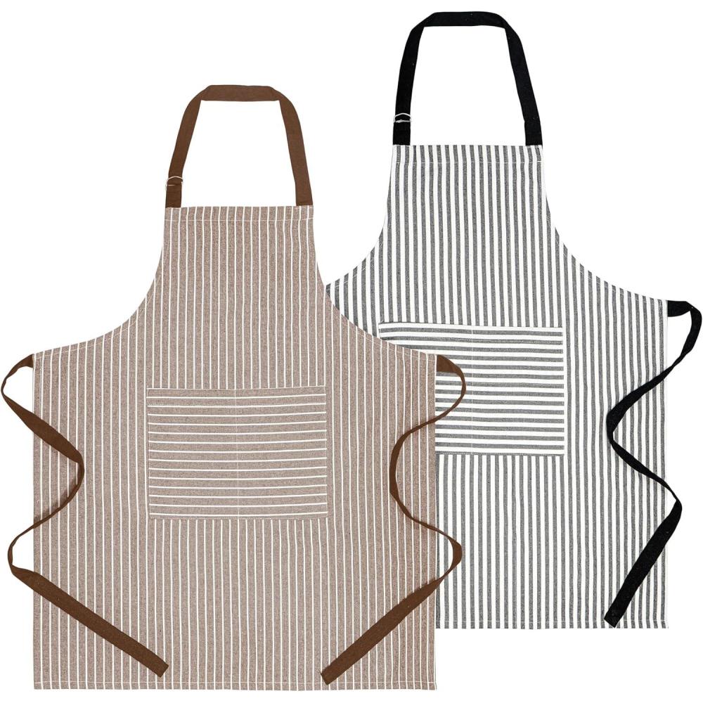 imagePurpleEssences Striped Adjustable Kitchen Aprons with 2 Pockets Cotton  Soft Durable for Home or Restaurant for Men ampamp WomenAssorted  White Black and Cream Nut Brown