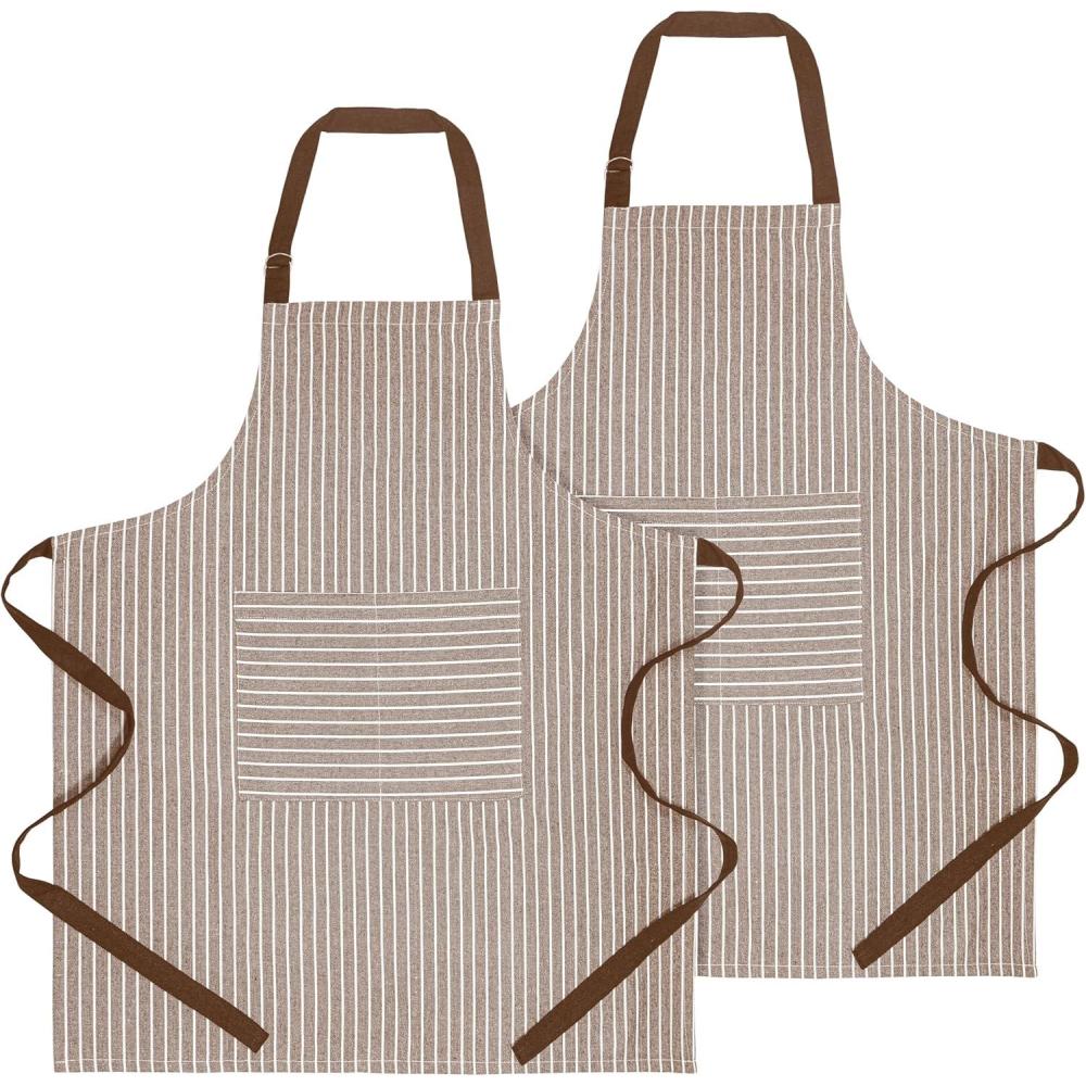 imagePurpleEssences Striped Adjustable Kitchen Aprons with 2 Pockets Cotton  Soft Durable for Home or Restaurant for Men ampamp WomenLarge Stripe  Cream Nut Brown