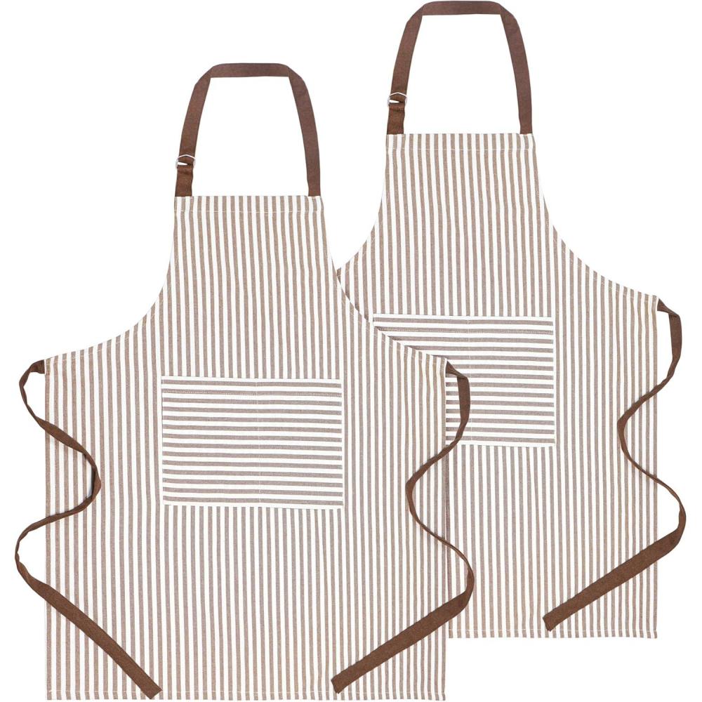 imagePurpleEssences Striped Adjustable Kitchen Aprons with 2 Pockets Cotton  Soft Durable for Home or Restaurant for Men ampamp WomenSmall Stripe  Cream Nut Brown
