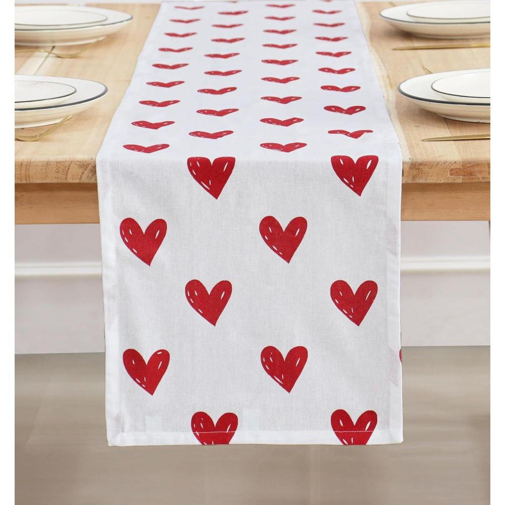 imagePurpleEssences Valentines Day Table Runner Love Heart Table Decor Indoor Outdoor Holiday Anniversary Decoration for Home 13 X 72 Inch  White  Red HeartWhite  Red Heart