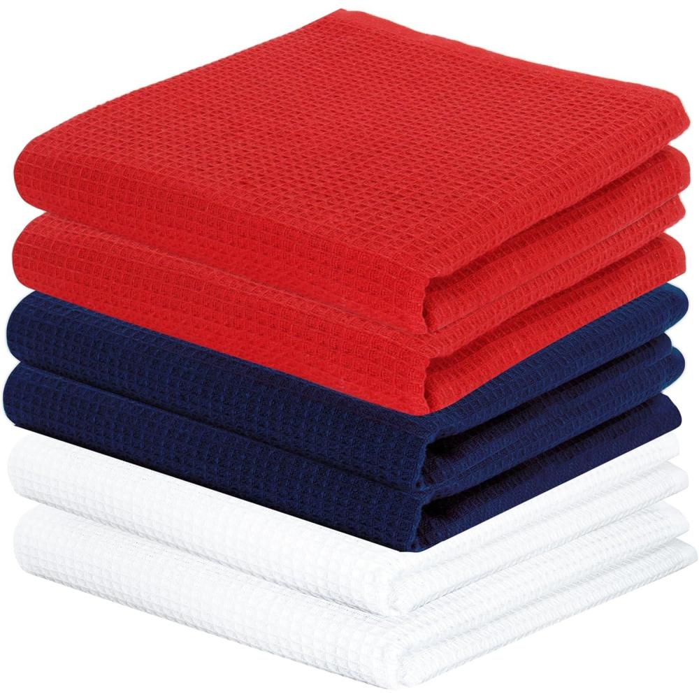 imagePurpleEssences Waffle Weave Kitchen Towel 100 Cotton  15 x 25 Inches with Hanging Loop Ultra Soft Absorbent Quick Drying Dish Cloth Tea and Hand Towels 6 Pack  Fall Thanksgiving  Aqua BlueRed Blue White