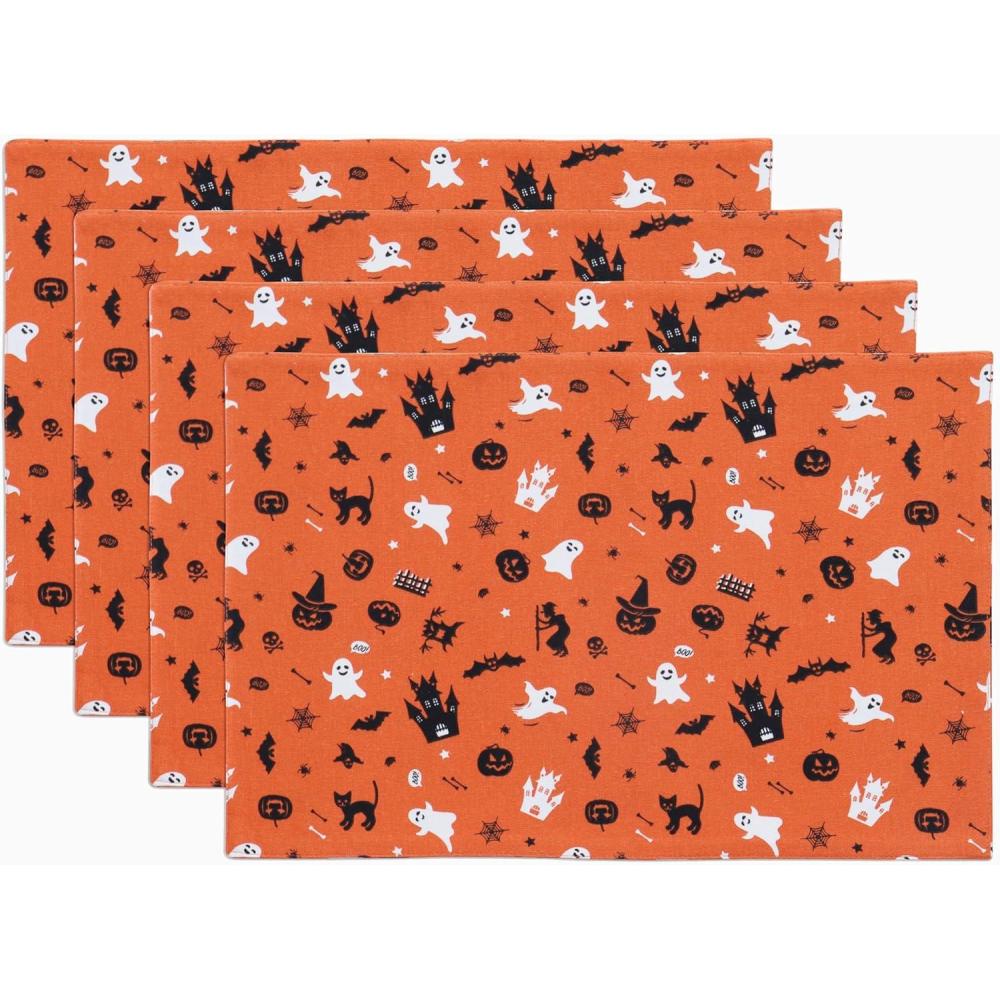 imagePurpleEssences Witch Ghost Tree Black Orange Halloween Placemats 13x19 Inch Spooky Dining Table Mats Set of 4 Machine Washable Cotton Table Placemats Haunted House