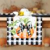 PurpleEssences Pumpkin Table Runner, Cotton 13×72 Inch Autumn Table Runner for Fall Outdoor & Indoor Party, Thanksgiving Table Runners for Kitchen Dining Table – Pumpkin Stack Plaid Blue(Pumpkin Bow)