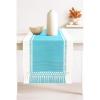 PurpleEssences Rust Table Runner – Wide with Dobby Stripe, Heavy Ribbed Weave & Double Knot Fringes, 14×90 Inch (14×95.5 with Fringes) Boho Farmhouse Decor – Fall Thanksgiving – Rust and H.White(Aqua Blue and H.white)
