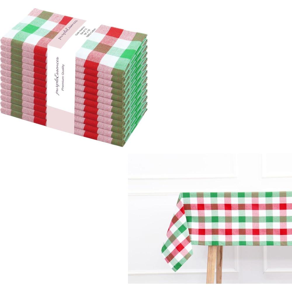 imagePurpleEssences Buffalo Plaid Napkin 18 x 18 Inch Set of 12 Tablecloth 60 x 120 Inch Pack of 1100 Cotton  RedGreenWhite