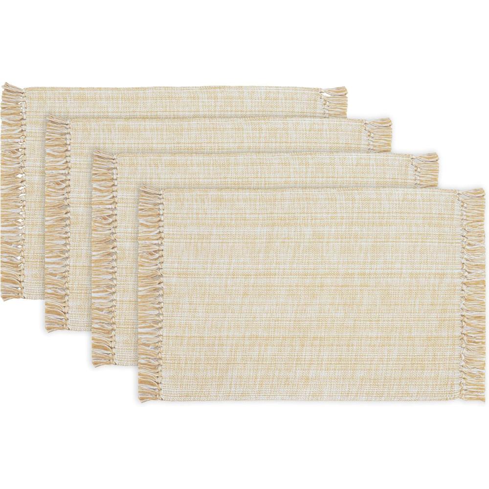 imagePurpleEssences Chambray Placemats with Fringes  100 Cotton Set of 4 13x19 Inch Thick Durable Table Mats for Dining Kitchen or Casual Farmhouse Tabletop Dcor  Nut Brown and HWhiteBeige and Hwhite