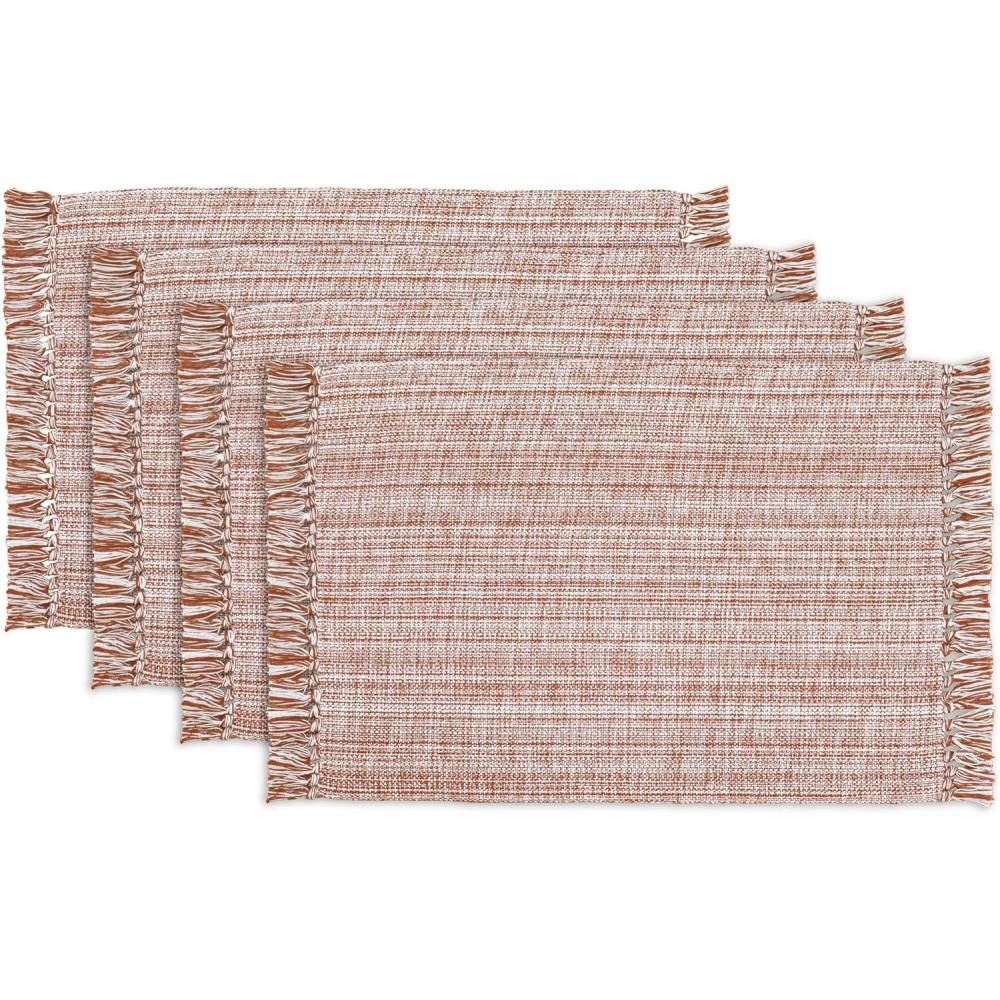 imagePurpleEssences Chambray Placemats with Fringes  100 Cotton Set of 4 13x19 Inch Thick Durable Table Mats for Dining Kitchen or Casual Farmhouse Tabletop Dcor  Nut Brown and HWhiteRust and Hwhite
