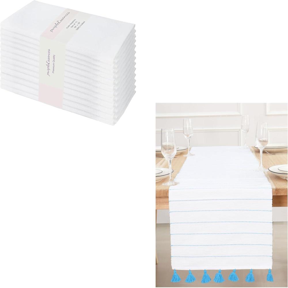 imagePurpleEssences Cloth Napkins  Set of 1218 x 18 Inch Dobby Stripe Ribbed Runner 14x72 inch  Aqua Blue and White