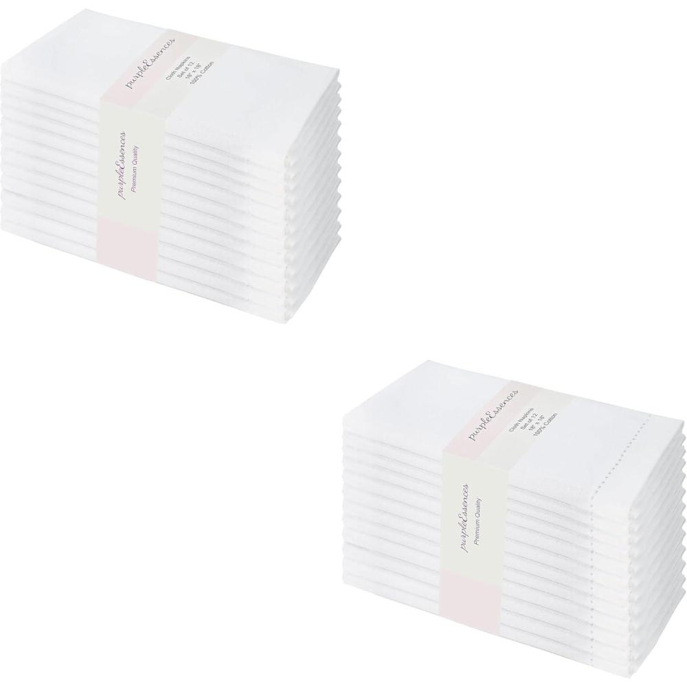imagePurpleEssences Cloth Napkins 18 x 18 Inch Set of 12 Solid Napkins and Hemstitch Napkins  White