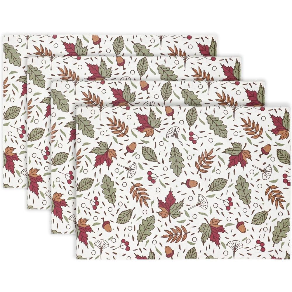 imagePurpleEssences Fall Placemats  Set of 4 13x19 Inch  Leaves Design 100 Cotton Washable Autumn Table Mats for Thanksgiving Kitchen Dining ampamp Party Decor Sienna Sage 13 x 19 InchSienna Sage