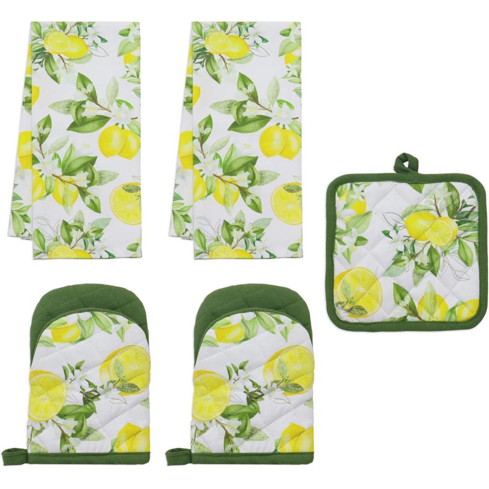 imagePurpleEssences Lemon Ovenmitts and Pot Holders Sets for Kitchen  Pack of 5  Heat Resistent Kitchen Accessories  for Seasonal Summer Spring Decor