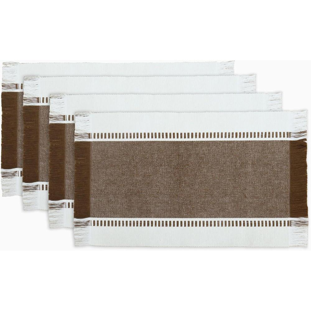 imagePurpleEssences Stripe Ribbed Placemats with Fringes 100 Cotton Set of 4 13x19 Inch Thick Durable Table Mats for Dining Kitchen or Casual Farmhouse Tabletop Dcor  Golden Yellow and HWhiteNutbrown and Hwhite