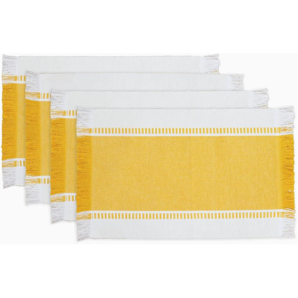 imagePurpleEssences Stripe Ribbed Placemats with Fringes 100 Cotton Set of 4 13x19 Inch Thick Durable Table Mats for Dining Kitchen or Casual Farmhouse Tabletop Dcor  Golden Yellow and HWhiteGolden Yellow and Hwhite