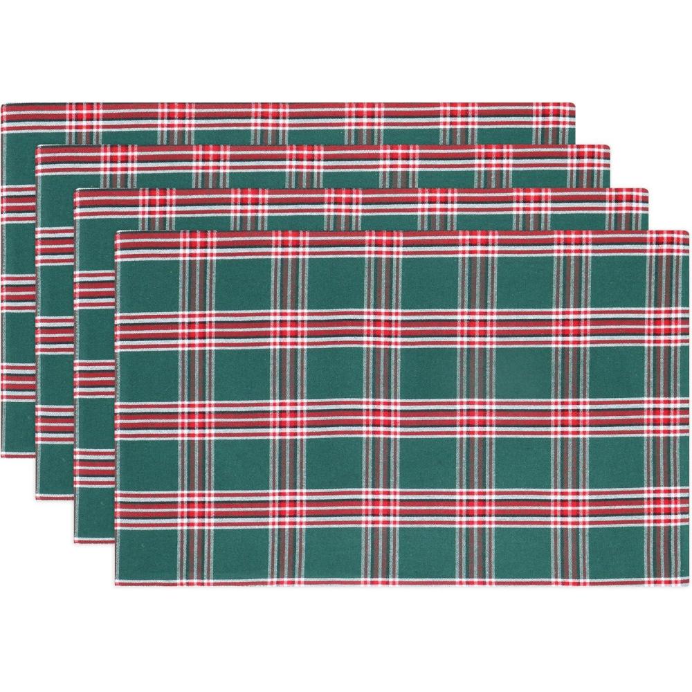 imagePurpleEssences Tartan Plaid Placemats Set of 4 Washable Spill Proof Double Layer Woven placemat for Dining Table and Kitchen Christmas  13 x 19 Inch  Red and GreenGreen