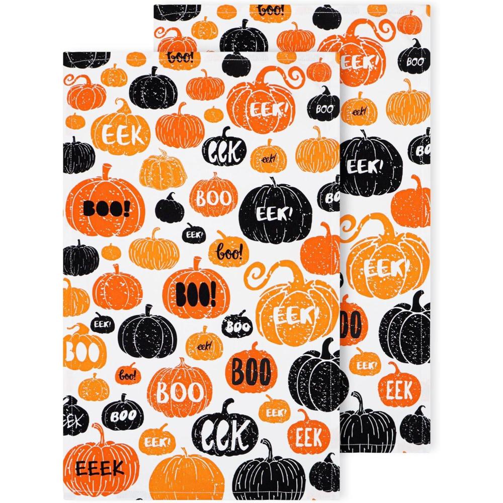 imagePurpleEssences Halloween Kitchen Towels Set of 216x28 inch 100 Cotton Dish Towels Absorbent Reusable Hand Towels for Drying Cleaning ampamp Kitchen Dcor Scary PumpkinBoo