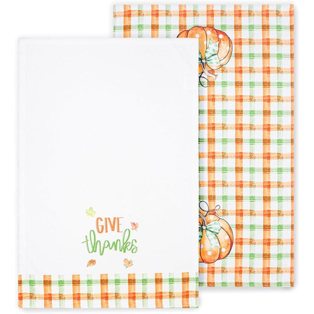imagePurpleEssences Pumpkin Cotton Kitchen Towels Set of 2 Absorbent Dish Towels Set Tea Towels Bar Towels Multi Purpose Kitchen Linen Drying Dish Hand Towels 16 x 26 Inch Pumpkin PatchVibrant Give Thanks