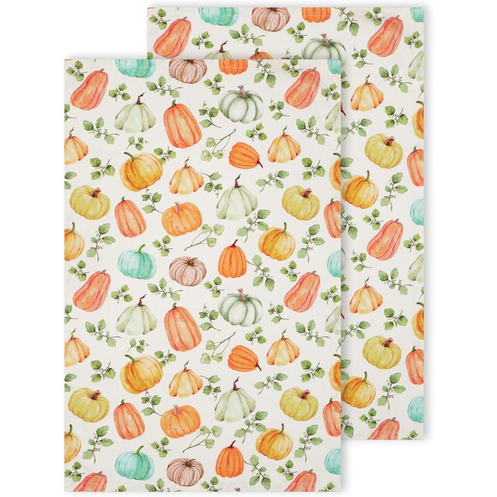 imagePurpleEssences Pumpkin Cotton Kitchen Towels Set of 2 Absorbent Dish Towels Set Tea Towels Bar Towels Multi Purpose Kitchen Linen Drying Dish Hand Towels 16 x 26 Inch Pumpkin PatchPumpkin Patch
