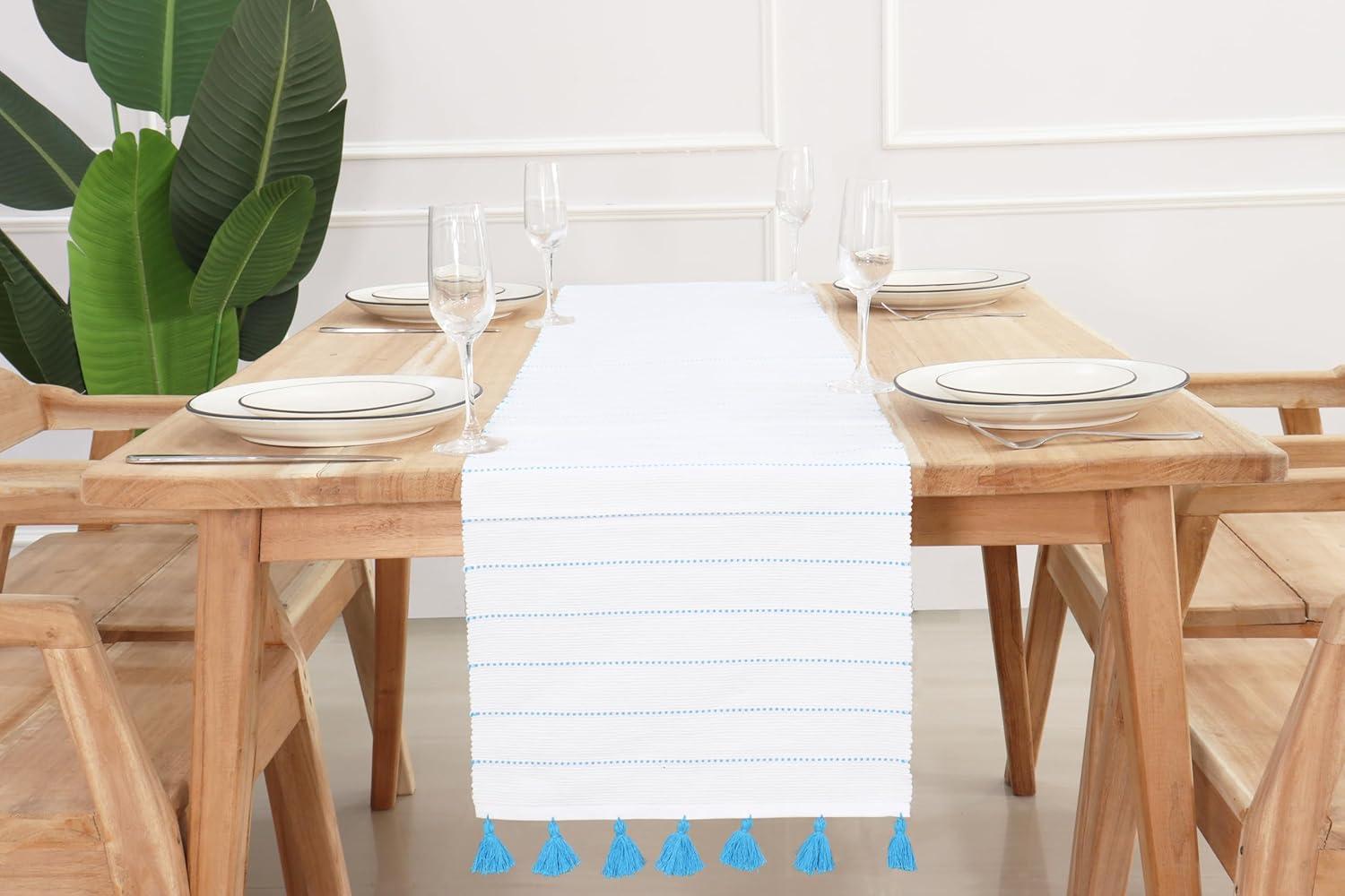 imagePurpleEssences Hemstitch Cloth Napkins Set of 1218 x 18 Inch Dobby Stripe Ribbed Runner 14x90 inch Aqua BlueWhite