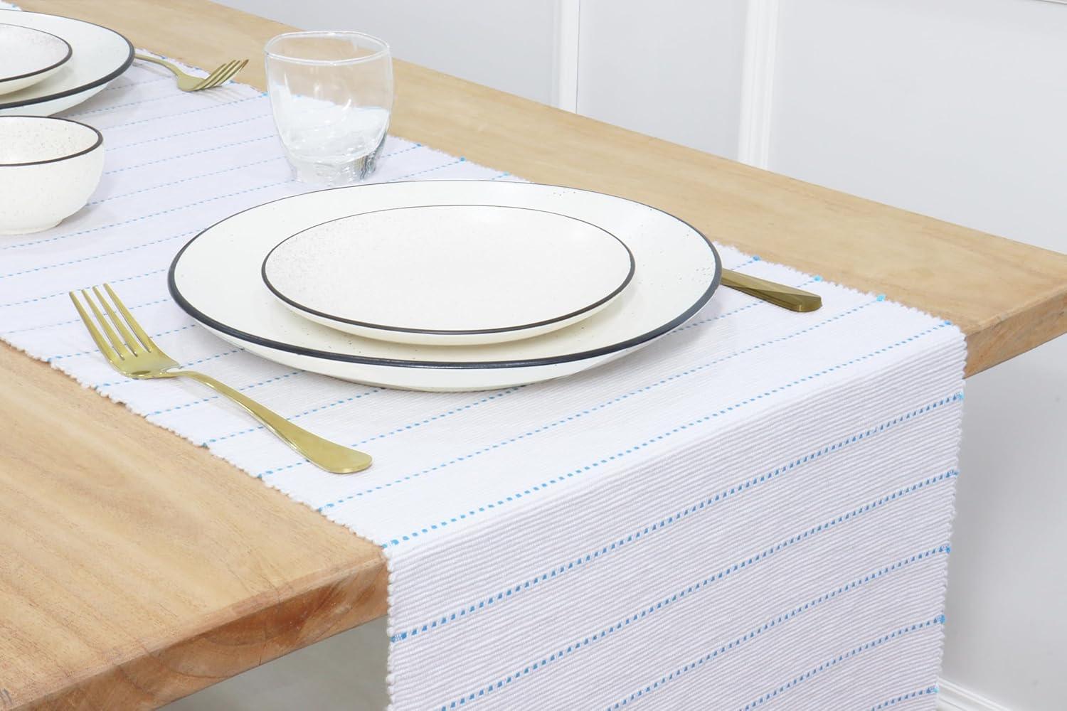 imagePurpleEssences Hemstitch Cloth Napkins Set of 1218 x 18 Inch Dobby Stripe Ribbed Runner 14x90 inch Aqua BlueWhite