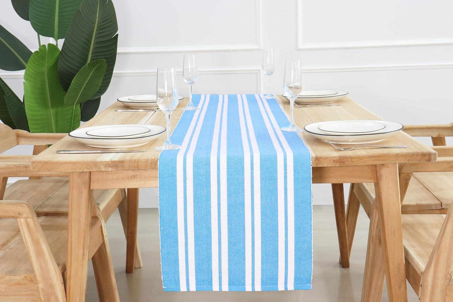 imagePurpleEssences Solid Cloth Napkins Set of 1218 x 18 Inch Double Stripe Ribbed Woven Table Runner 14x72 Inch Aqua BlueWhite