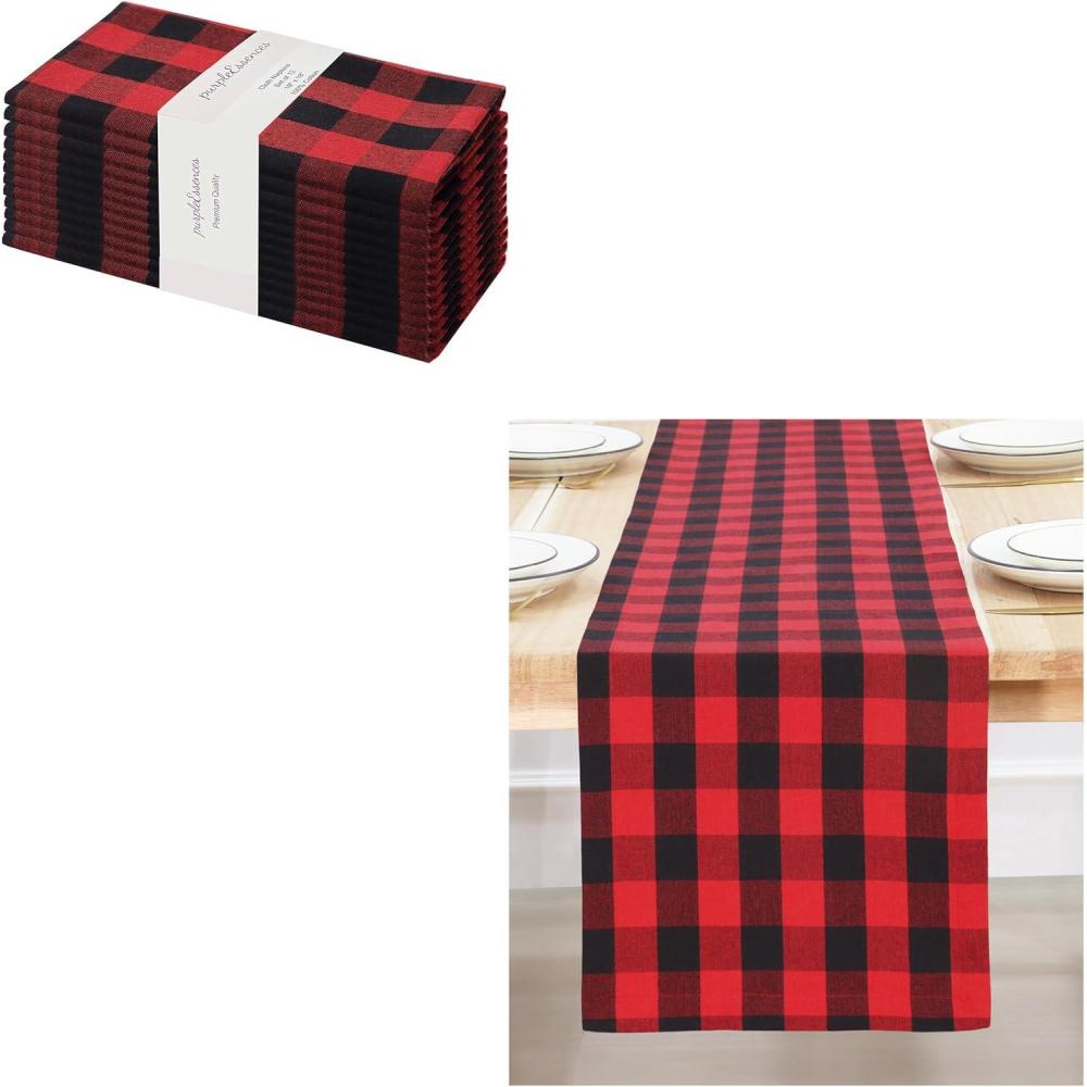 imagePurpleEssences Buffalo Plaid Napkin 18 x 18 Inch Set of 12 Table Runner 14 x 90 Inch Pack of 1100 Cotton RedBlack