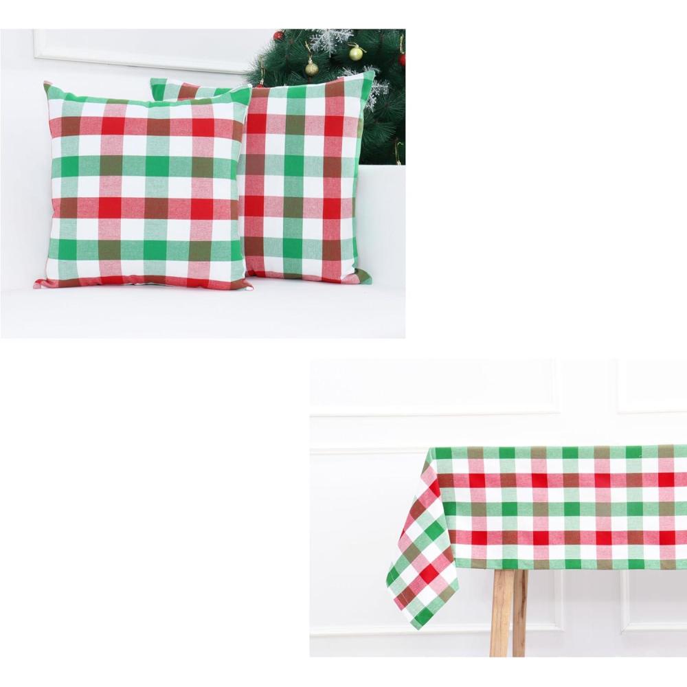 imagePurpleEssences Buffalo Plaid Pillow Cover 20 x 20 Set of 2 and Table Cloth 60x120 Pack of 1 RedGreenWhite