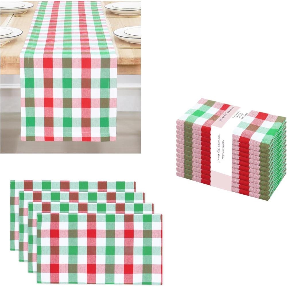 imagePurpleEssences Buffalo Plaid Table Runner 14x72 Pack of 1 Napkin 18x18 Set of 12 Placemats 13x19 Set of 4 100 Cotton RedGreenWhite