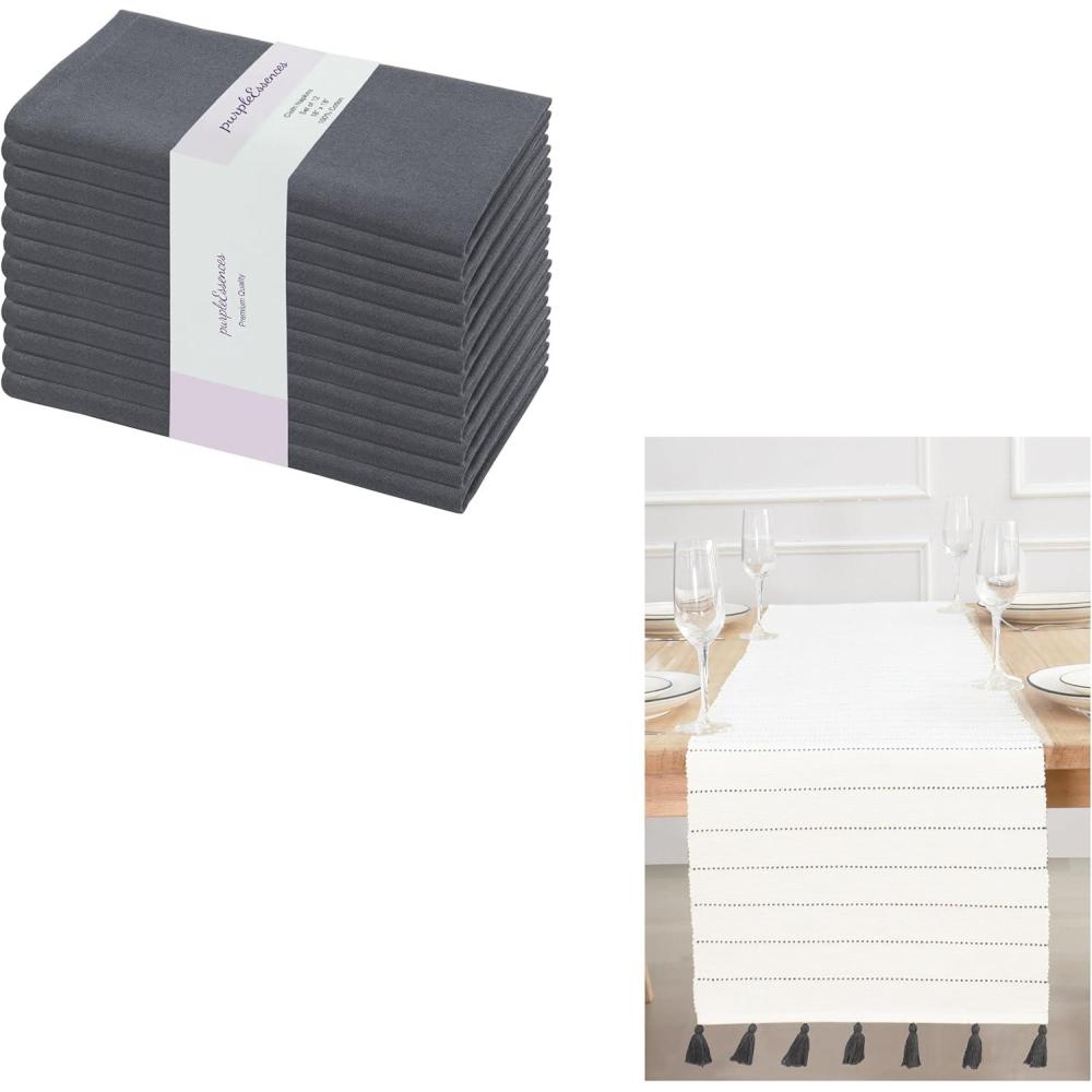 imagePurpleEssences Cloth Napkins Set of 1218 x 18 Inch Dobby Stripe Ribbed Runner 14x72 inch Gray