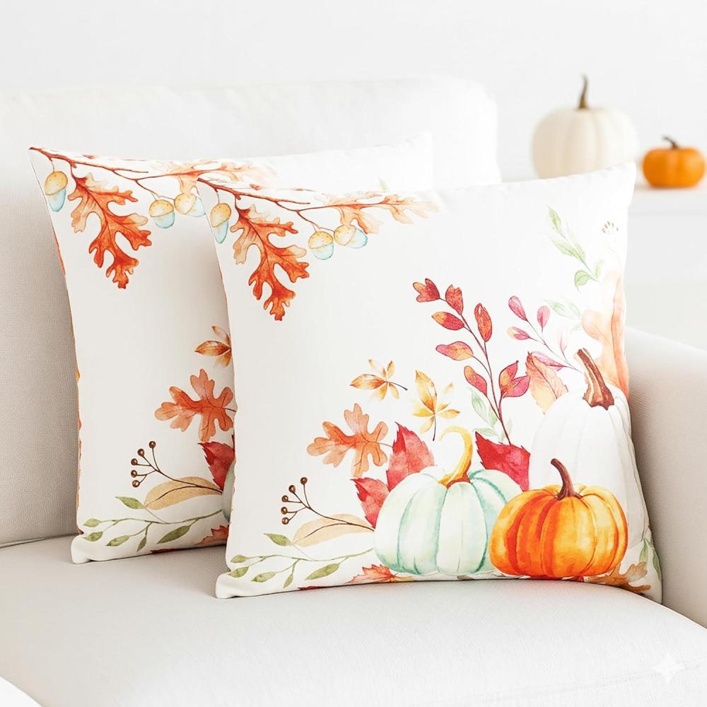 imagePurpleEssences Fall Pumpkin Throw Pillow Covers Set of 2 18x18 Inch 100 Cotton Fall Cushion Cases Farmhouse Autumn Decor for Sofa Couch Porch or Bench Pumpkin