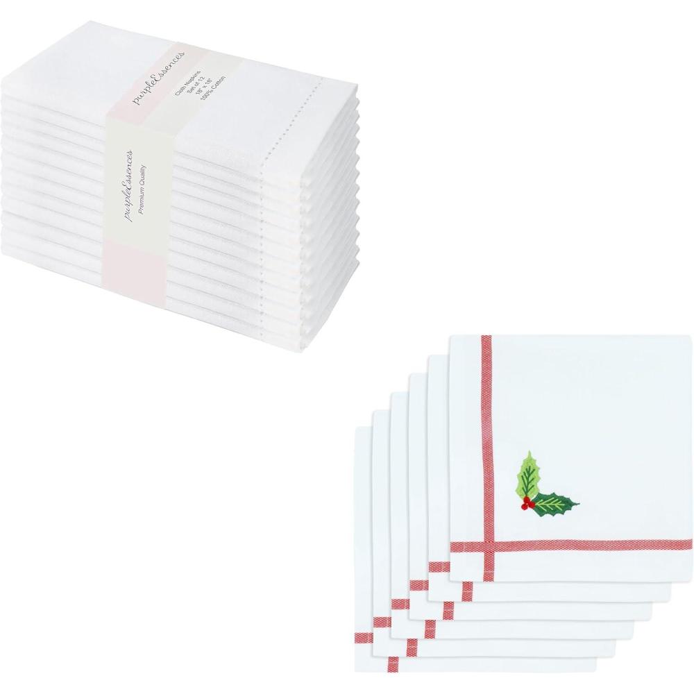 imagePurpleEssences Hemstitch Cloth Napkins  Set of 1218 x 18 Inch Christmas Cloth Napkins  Set of 6100 Cotton  Embroidery Mistletoe  WhiteMistletoe