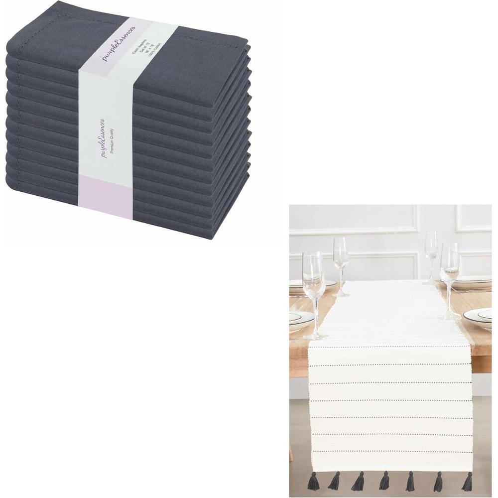 imagePurpleEssences Hemstitch Cloth Napkins Set of 1218 x 18 Inch Dobby Stripe Ribbed Runner 14x72 inch Gray