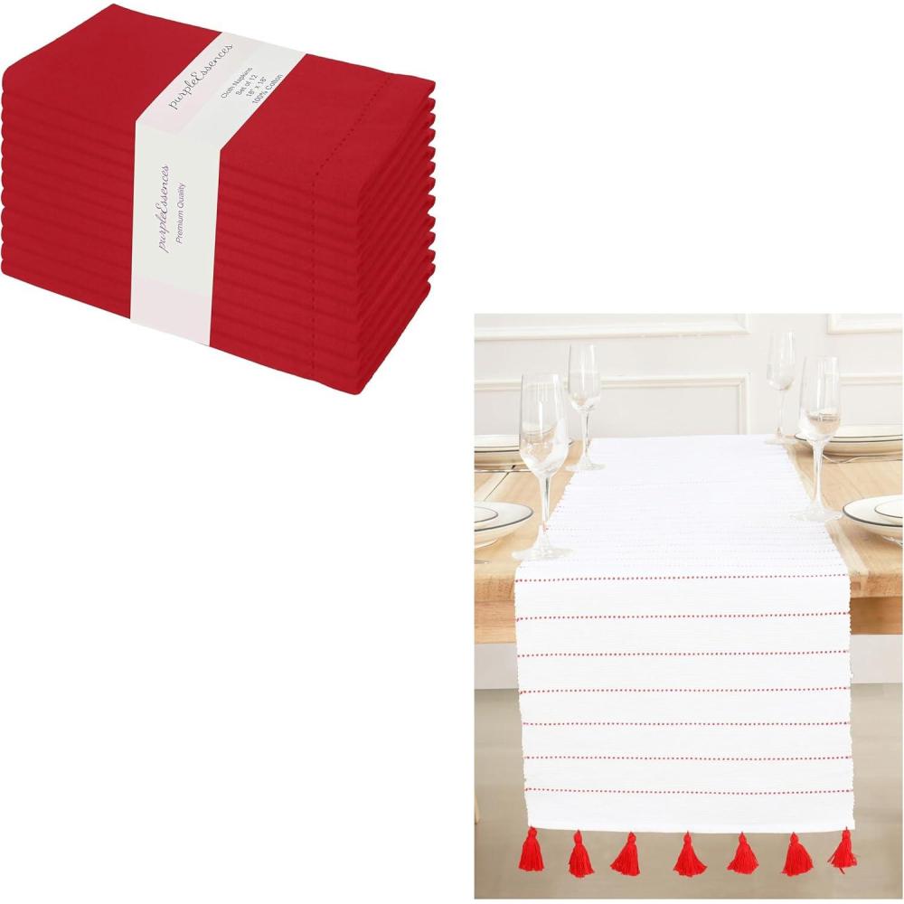imagePurpleEssences Hemstitch Cloth Napkins Set of 1218 x 18 Inch Dobby Stripe Ribbed Runner 14x72 inch Red