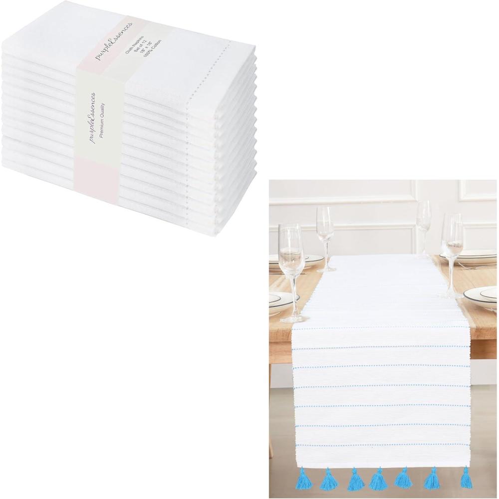 imagePurpleEssences Hemstitch Cloth Napkins Set of 1218 x 18 Inch Dobby Stripe Ribbed Runner 14x90 inch Aqua BlueWhite
