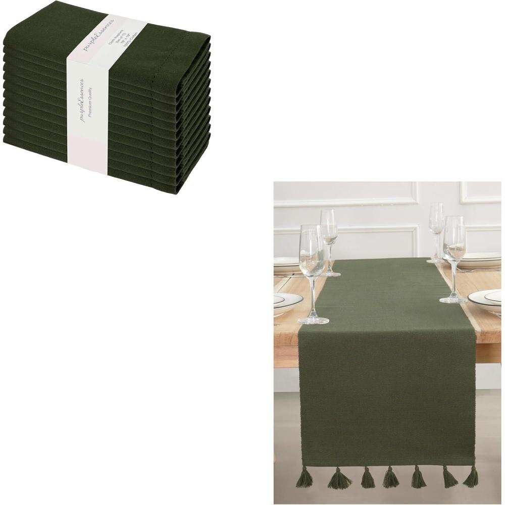 imagePurpleEssences Hemstitch Cloth Napkins  Set of 1218 x 18 Inch Solid Ribbed Woven Table Runner 14x90 Inch  Olive Green