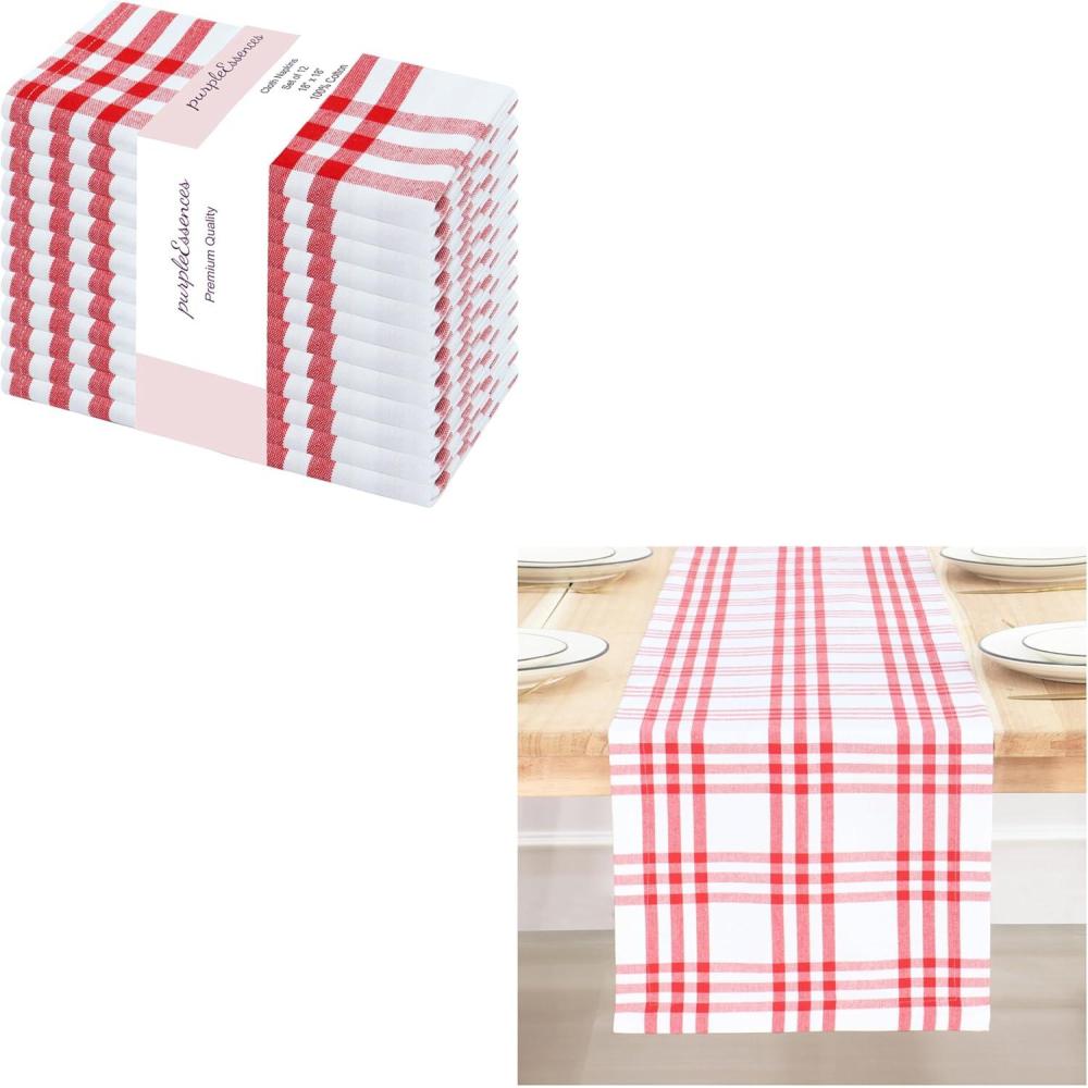 imagePurpleEssences Homestead Plaid Napkin 18 x 18 Inch Set of 12 Table Runner 14 x 72 Inch Pack of 1100 Cotton RedWhite