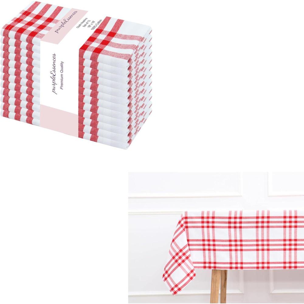 imagePurpleEssences Homestead Plaid Napkin 18 x 18 Inch Set of 12 Tablecloth 60 x 84 Inch Pack of 1100 Cotton RedWhite