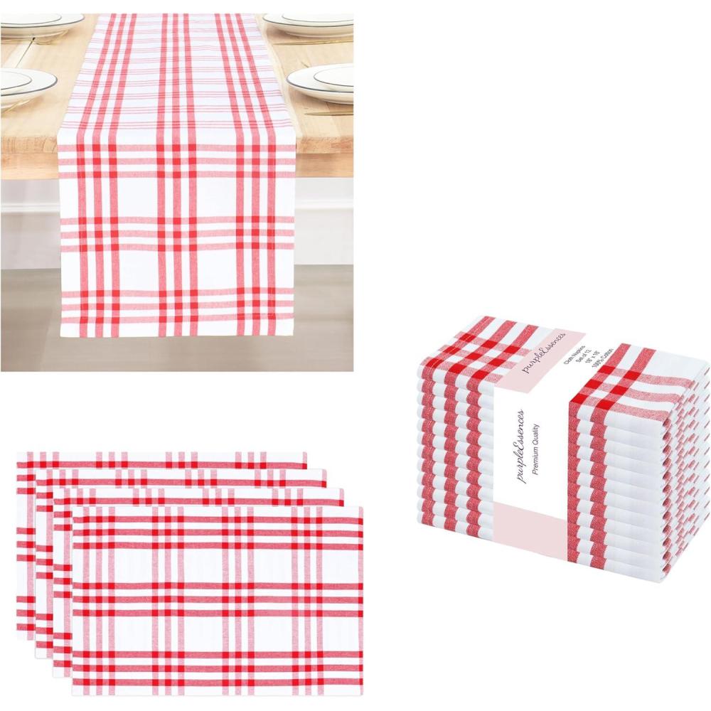 imagePurpleEssences Homestead Plaid Table Runner 14x72 Pack of 1 Napkin 18x18 Set of 12 Placemats 13x19 Set of 4 100 Cotton Red