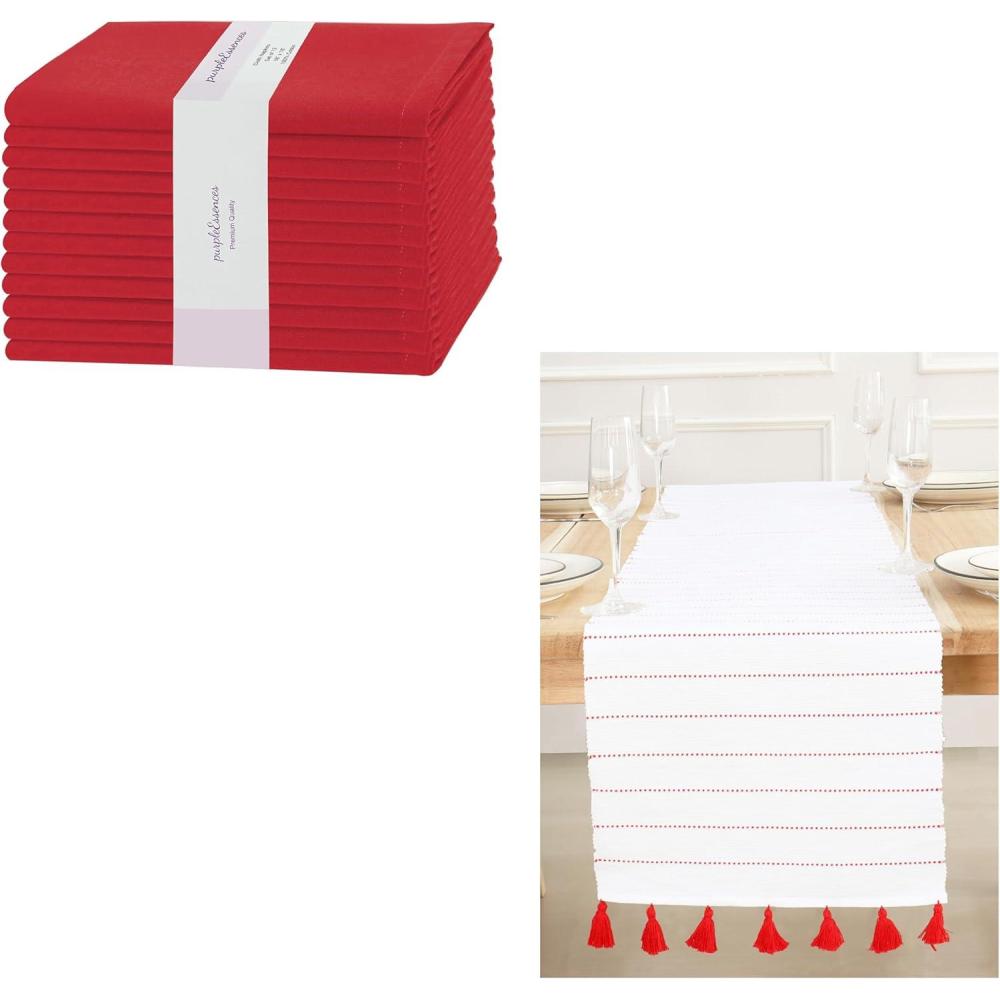 imagePurpleEssences Solid Cloth Napkins Set of 1218 x 18 Inch Dobby Stripe Ribbed Runner 14x72 inch Red