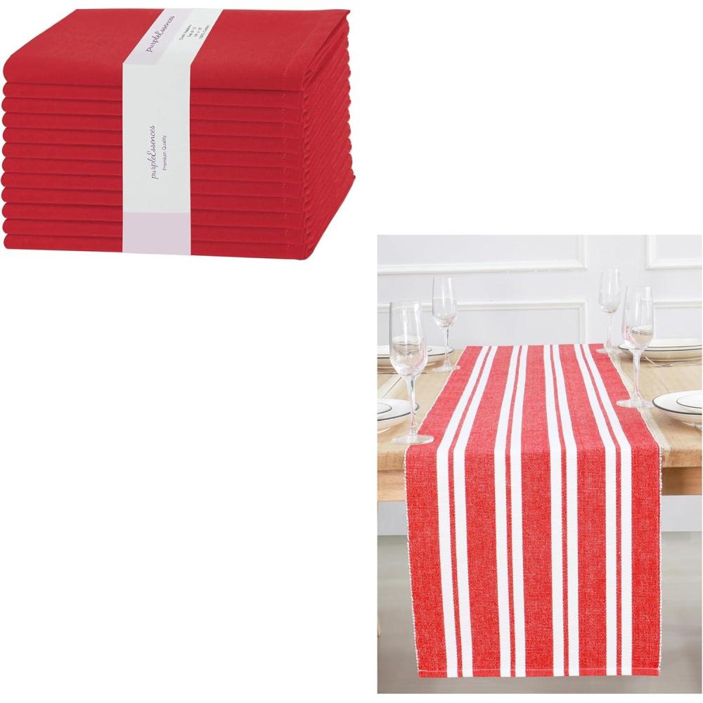 imagePurpleEssences Solid Cloth Napkins Set of 1218 x 18 Inch Double Stripe Ribbed Woven Table Runner 14x90 Inch Red